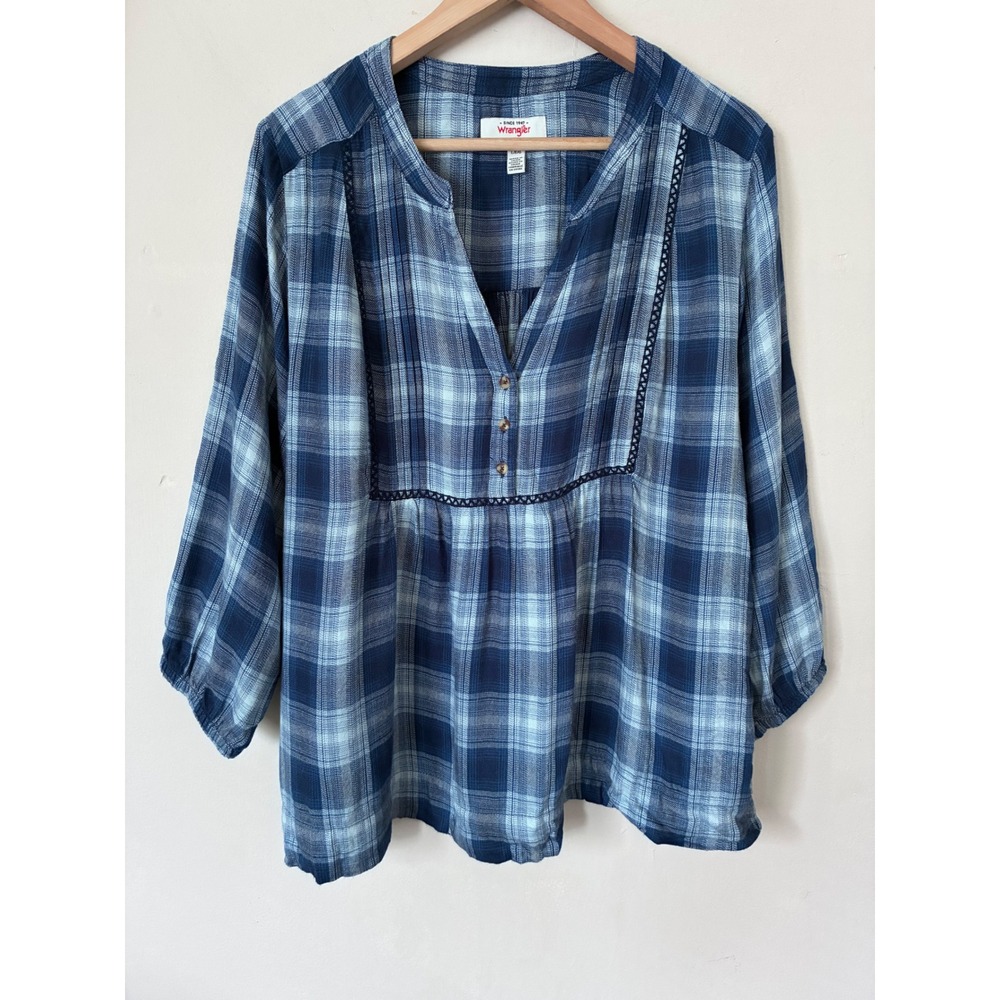 Wrangler Womens Blue Plaidβ Boho Babydoll Blouse Crochet Trim 3/4 Sleeve Large